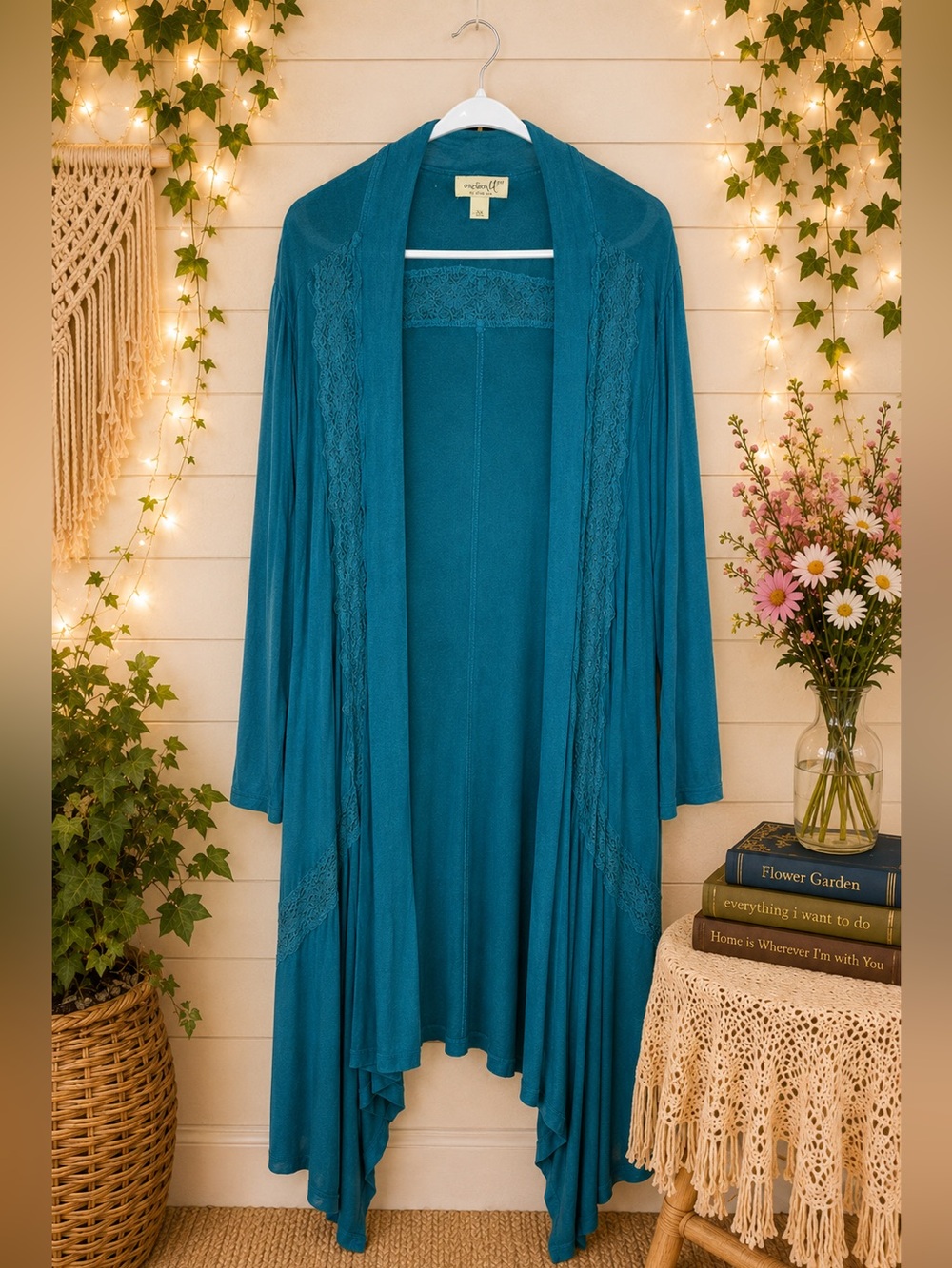 One World 2X Teal Lace Trim Waterfall Cardigan Boho Duster